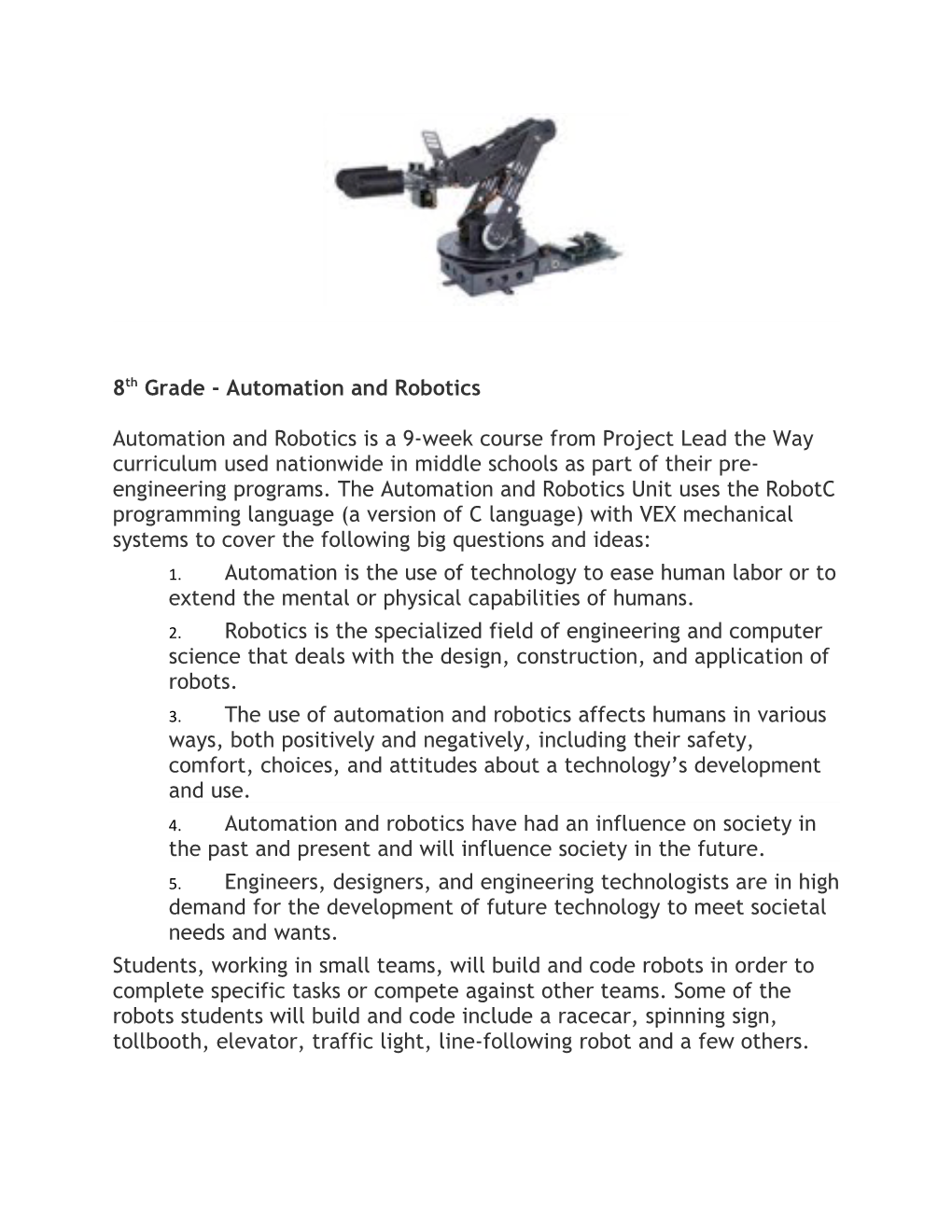 8Th Grade - Automation and Robotics
