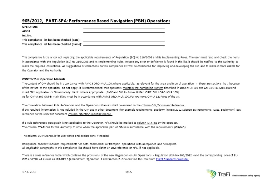 965/2012, PART-SPA: Performance Based Navigation (PBN) Operations