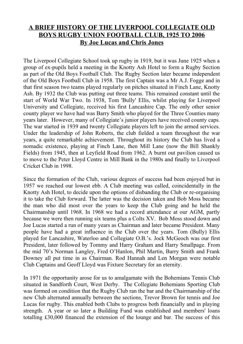 A Brief History of the Liverpool Collegiate Old Boys Rugby Union Football Club, 1925 to 1998