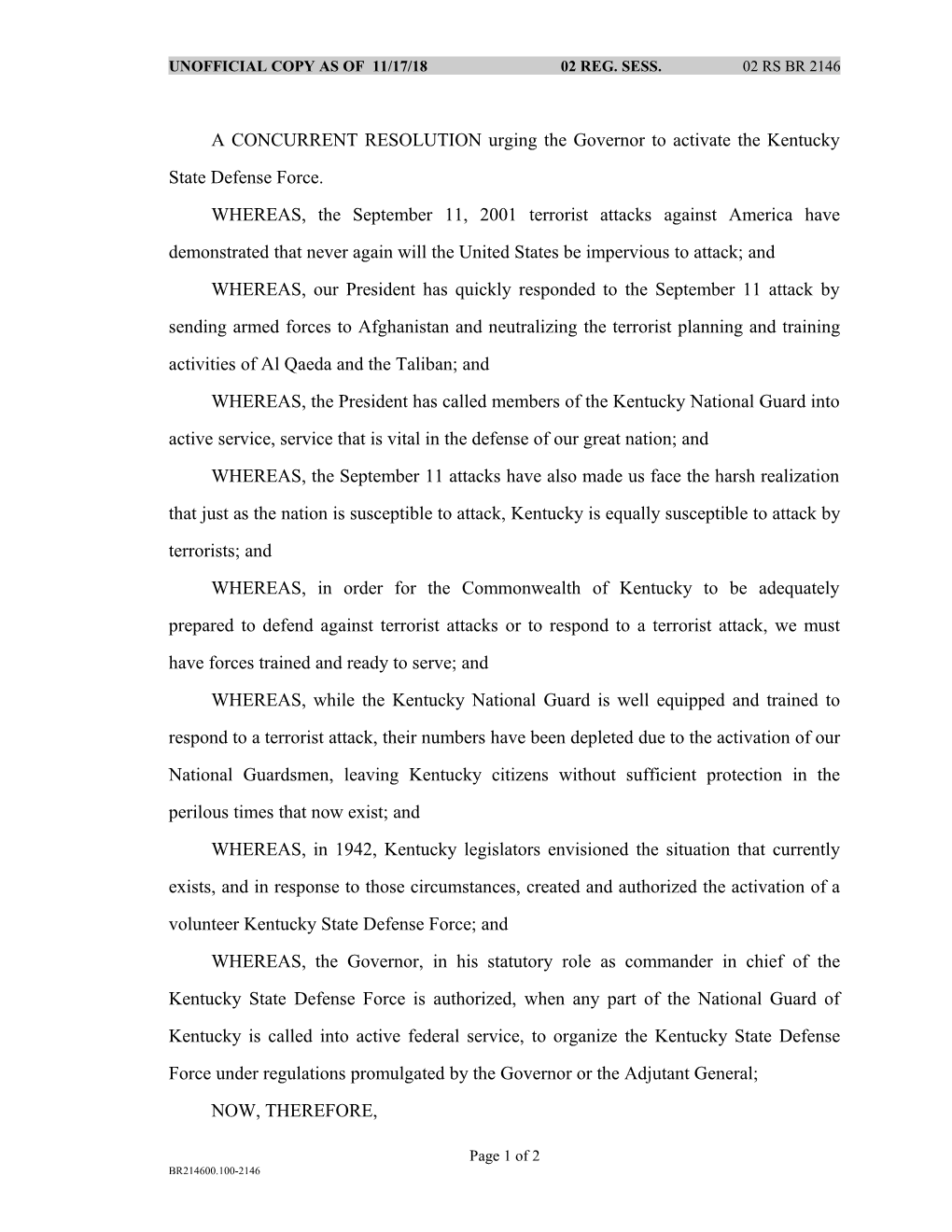 A CONCURRENT RESOLUTION Urging the Governor to Activate the Kentucky State Defense Force