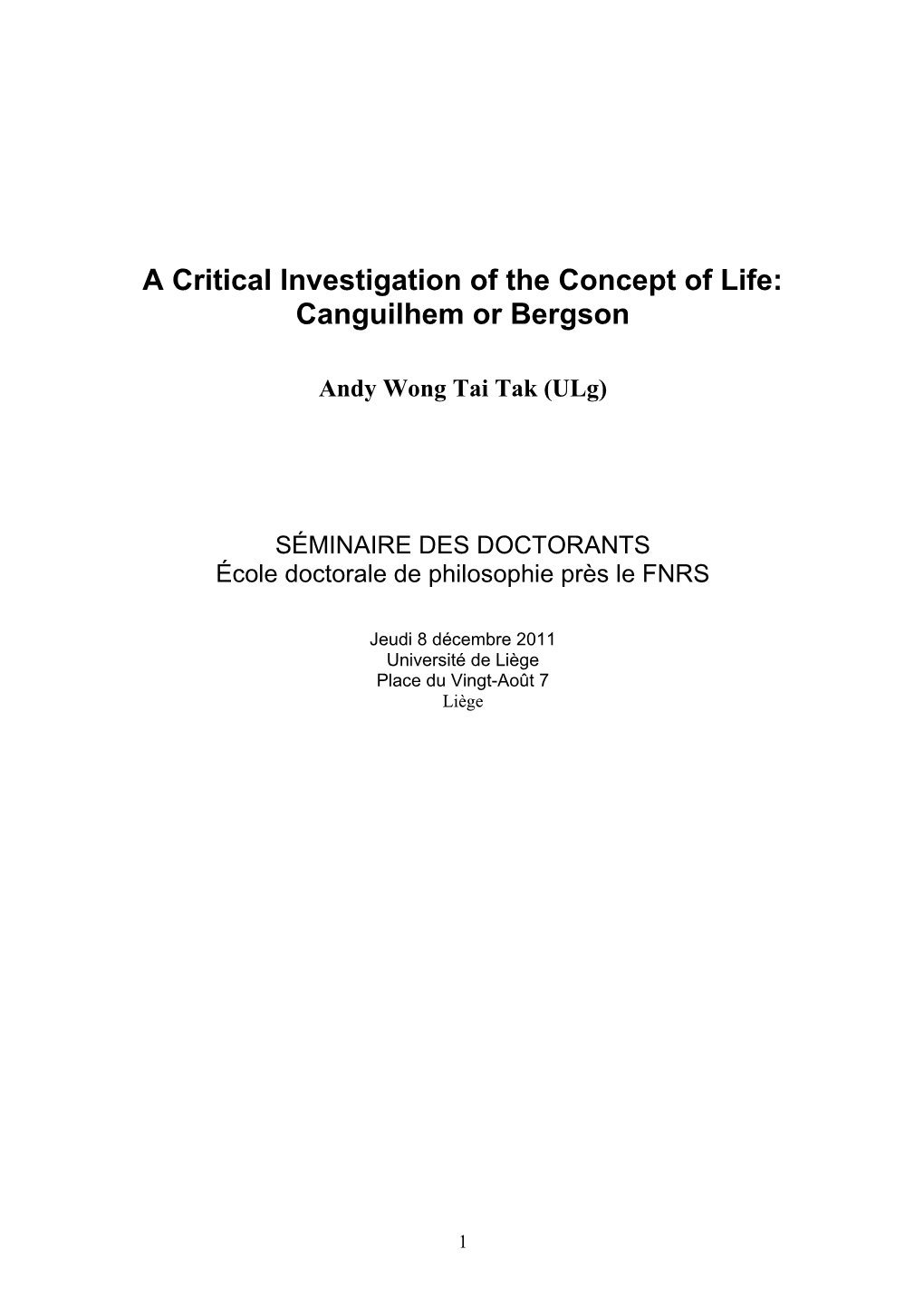 A Critical Investigation of the Concept of Life