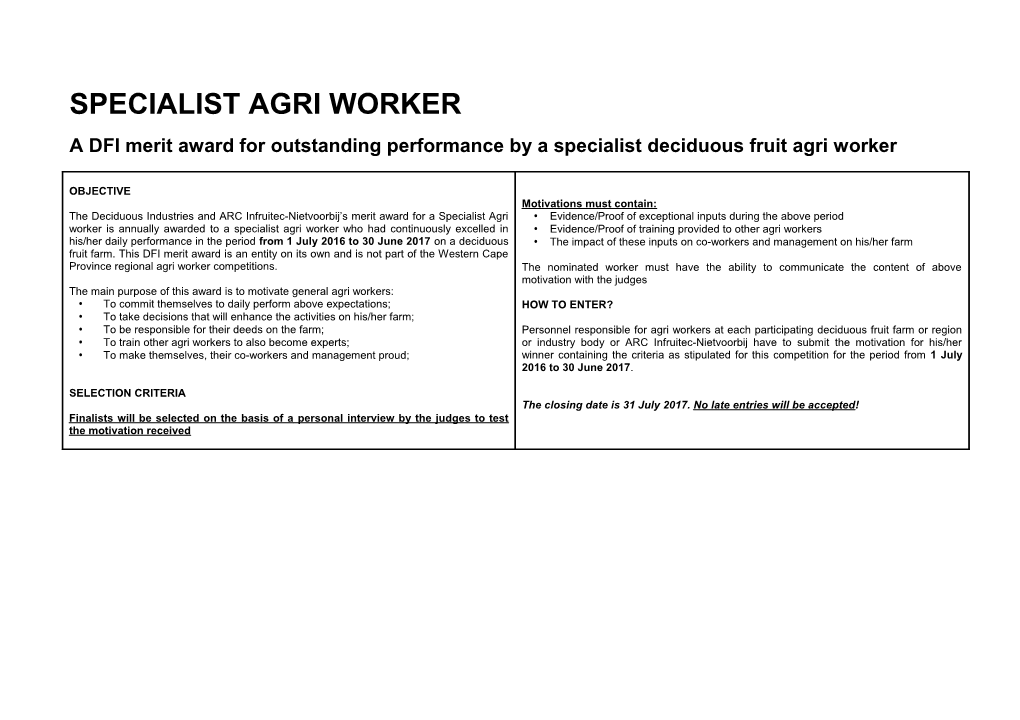 A DFI Merit Award for Outstanding Performance by Aspecialistdeciduous Fruit Agri Worker