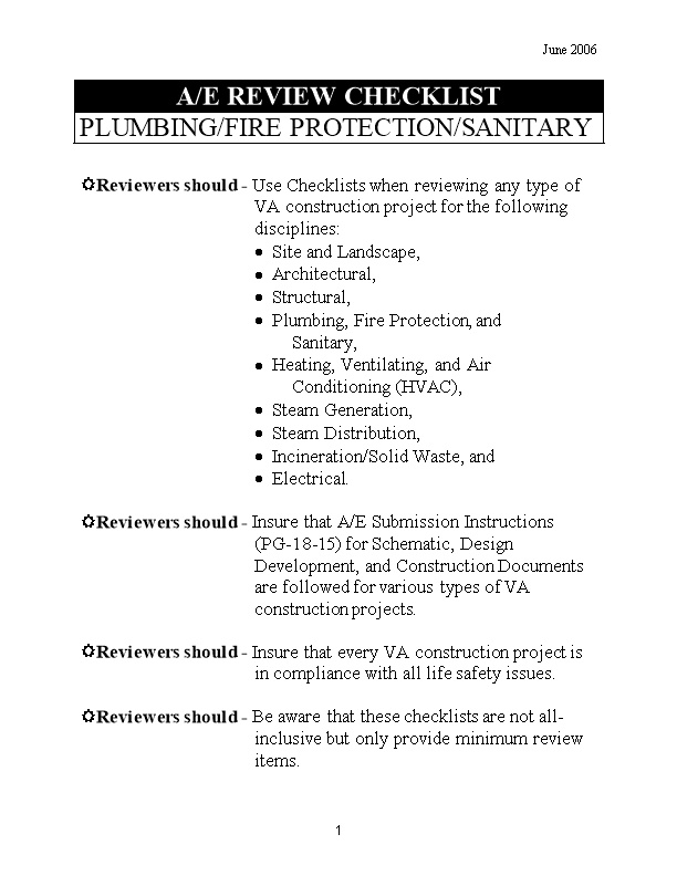 A/E Checklist - Plumbing/Fire Protection/Sanitary
