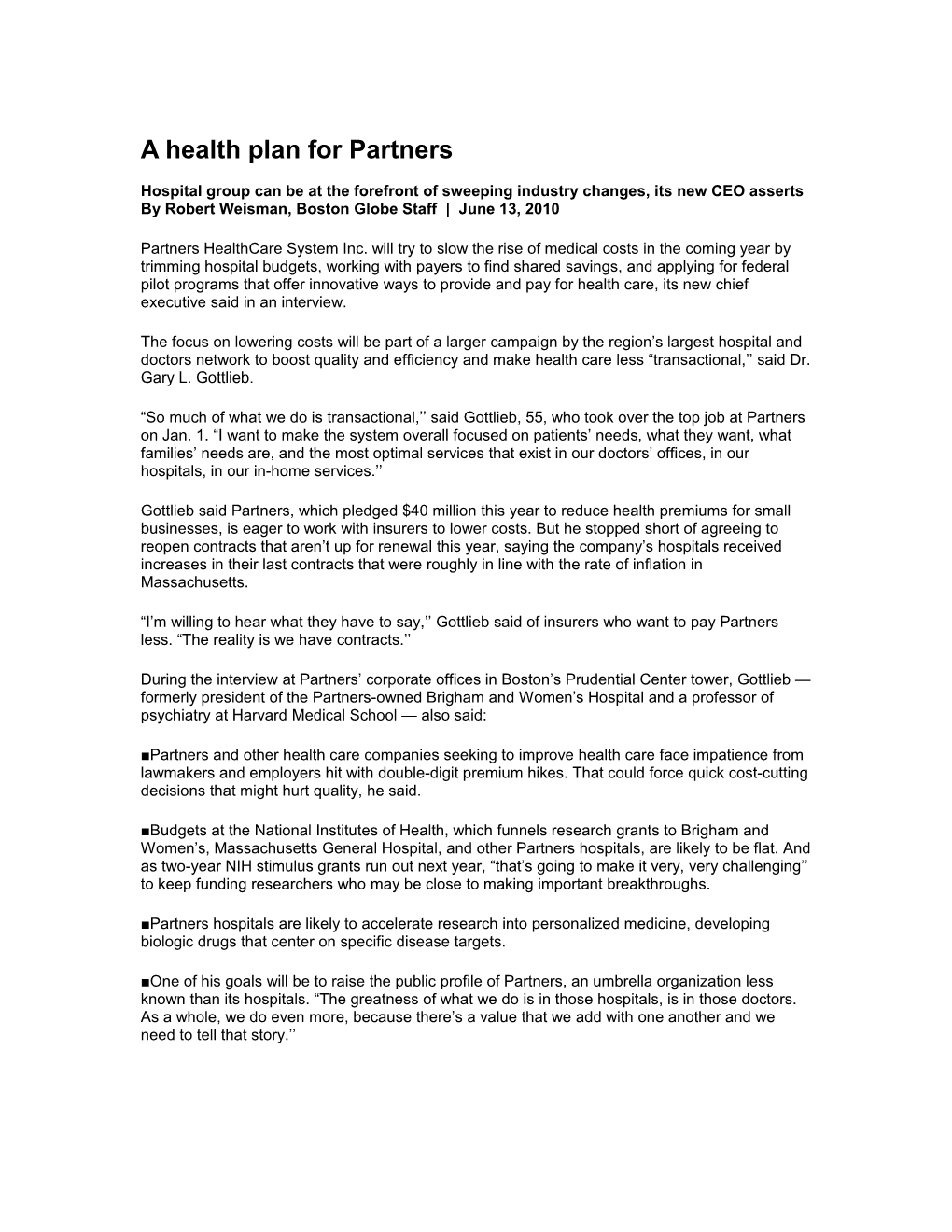A Health Plan for Partners