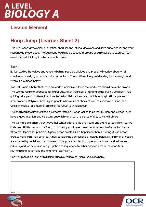 A Level Biology a Lesson Element (Hoop Jumper Learner Activity 2)