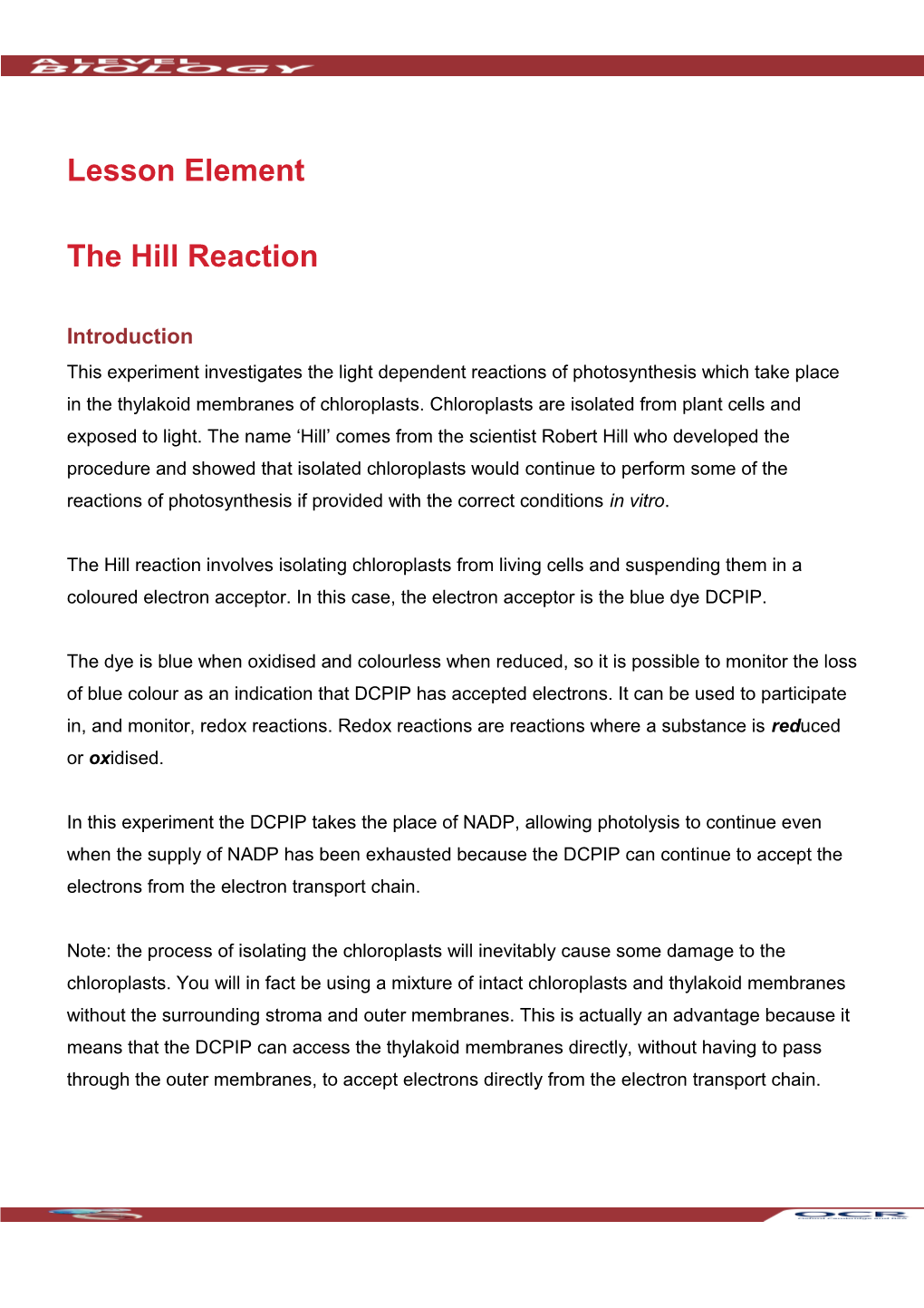 A Level Biology Lesson Element (The Hill Reaction)