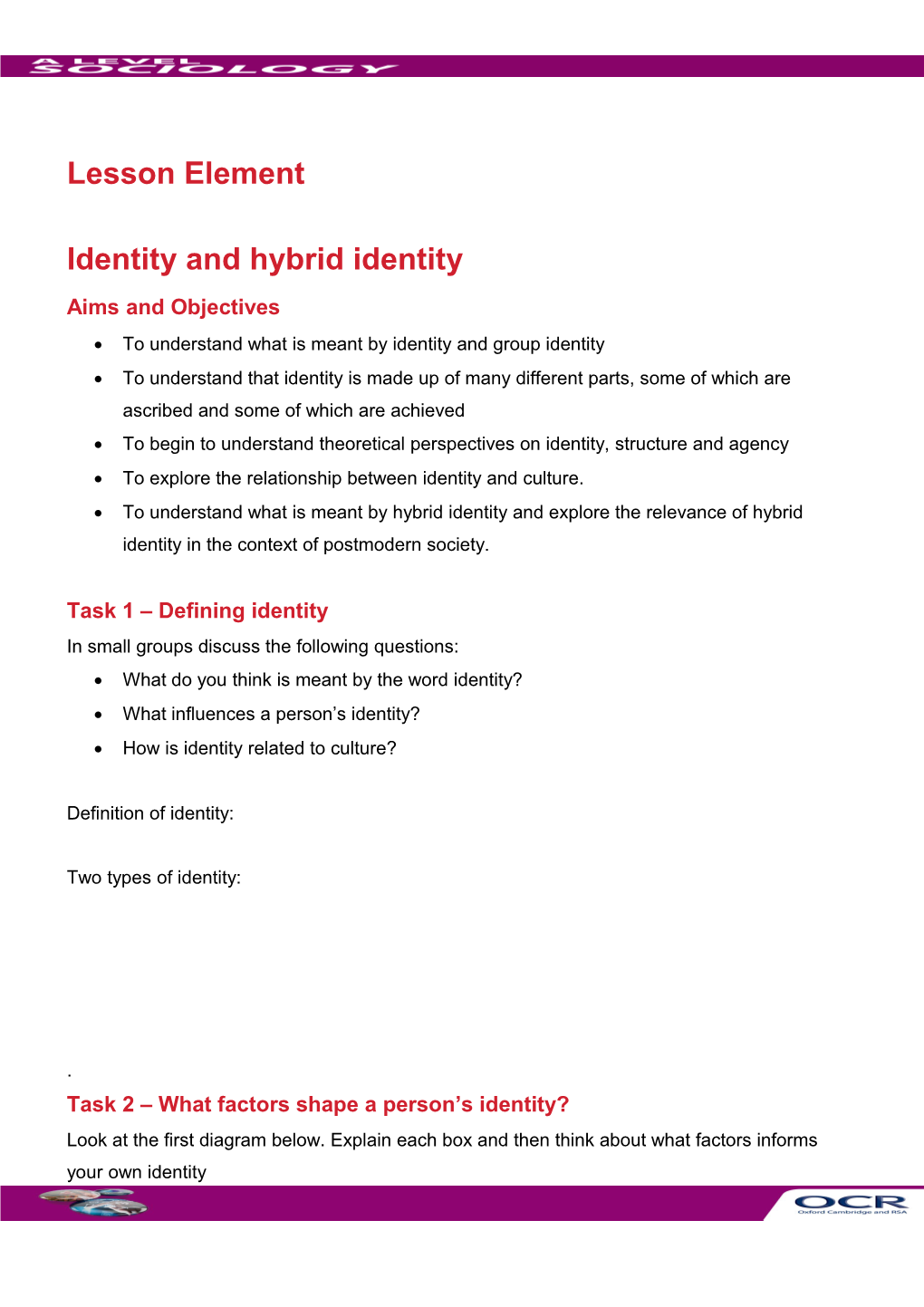 A Level Sociology Lesson Element Learner Activity (Indentity and Hybrid Identity)