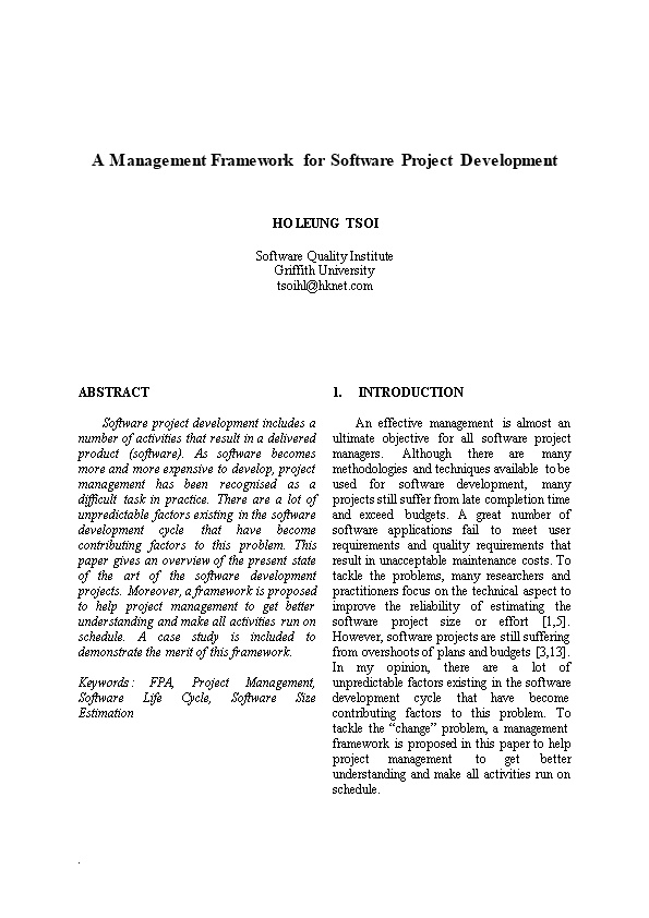 A Management Framework for Software Project Development