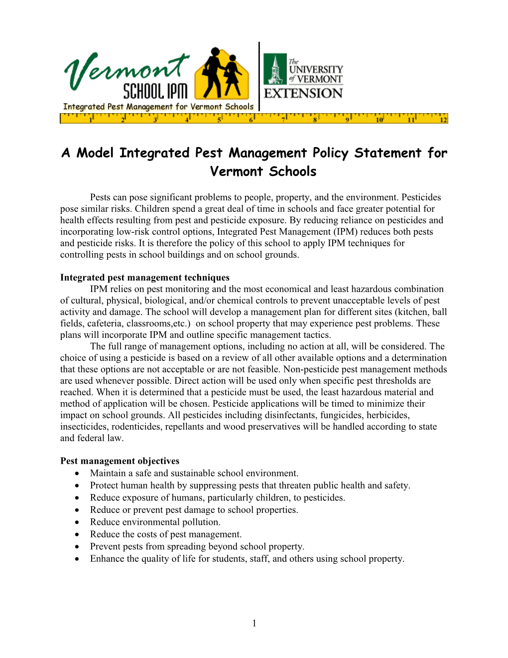 A Model Integrated Pest Management Policy Statement for Vermont Schools