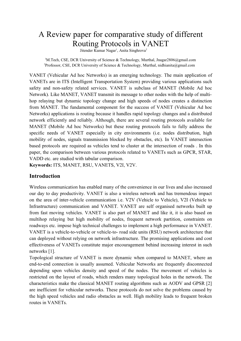 A Review Paper for Comparative Study of Different Routing Protocols in VANET