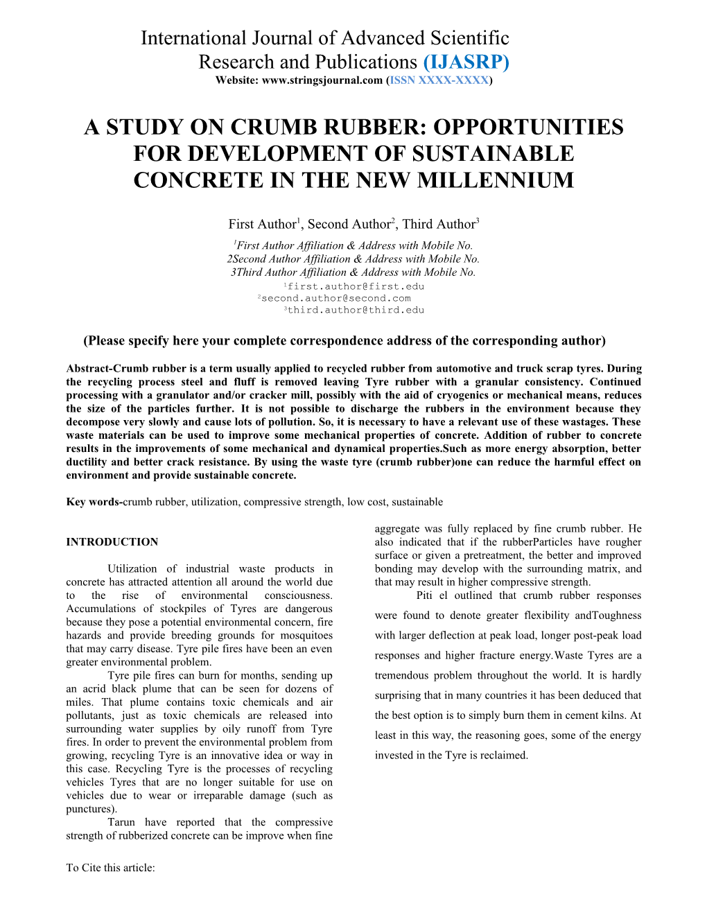 A Study on Crumb Rubber: Opportunities for Development of Sustainable Concrete in The