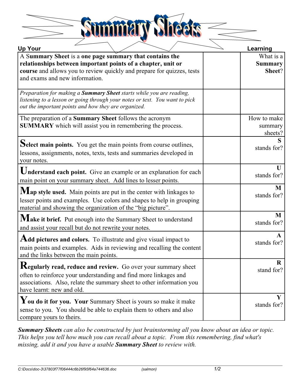A Summary Sheet Is a One Page Summary of a Chapter, Unit, Or Even a Course That Allows