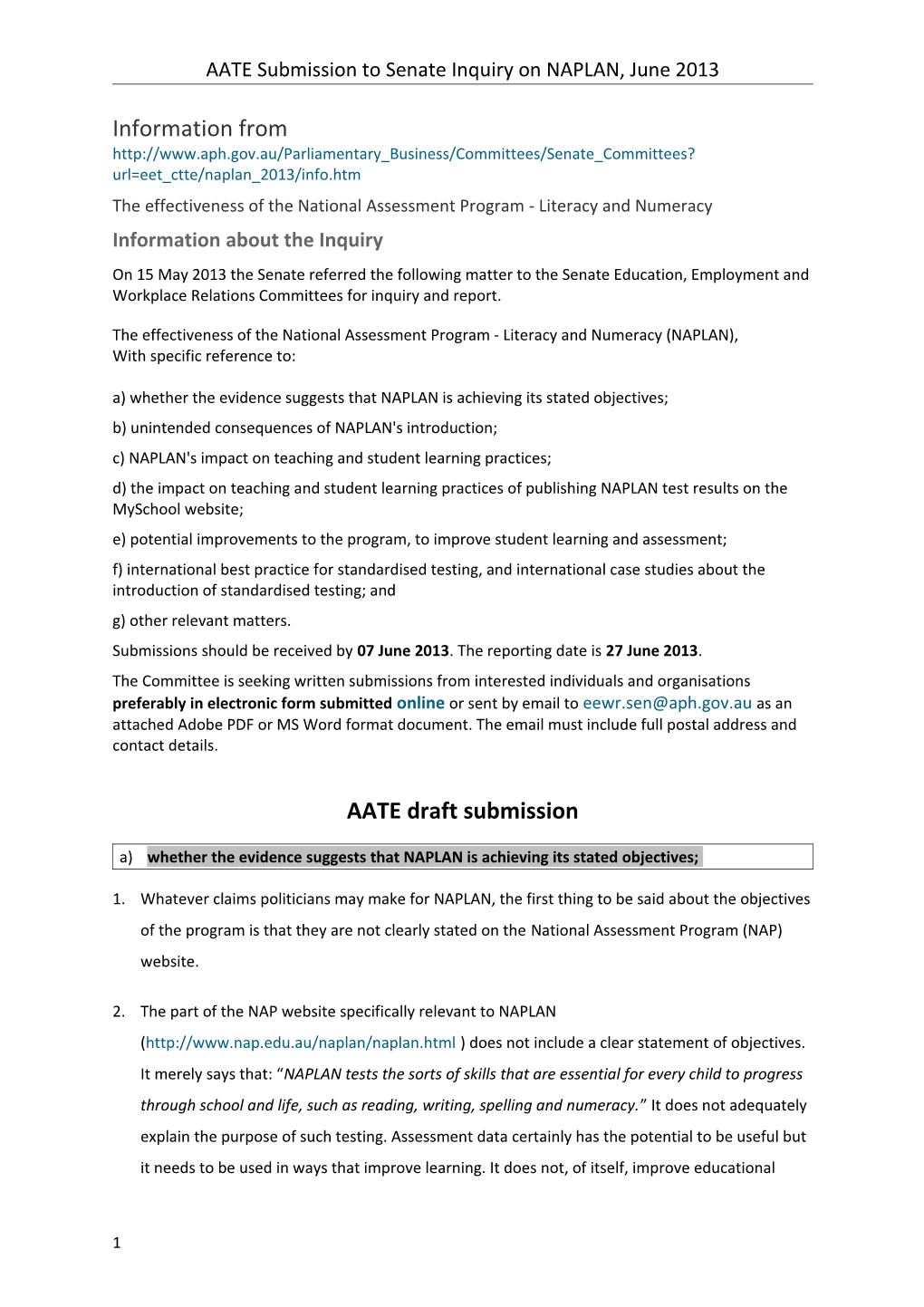 AATE Submission to Senate Inquiry on NAPLAN, June 2013