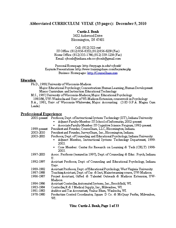 Abbreviated CURRICULUM VITAE (33 Pages): December 5, 2010
