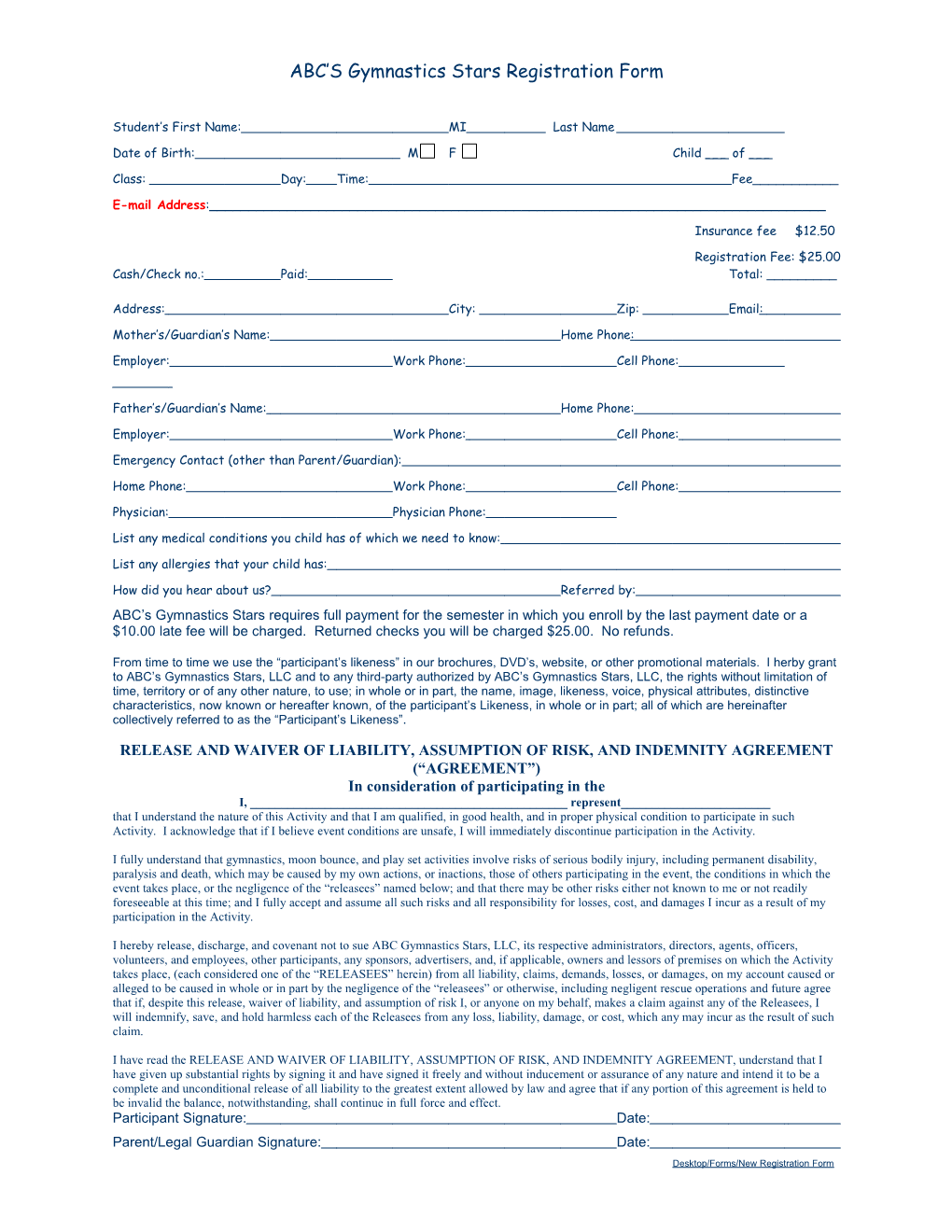 ABC S Gymnastics Stars Registration Form 2006-2007