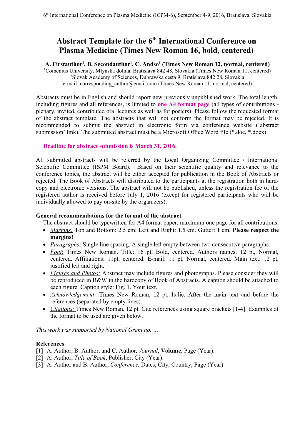 Abstract Template for 6Th International Conference On