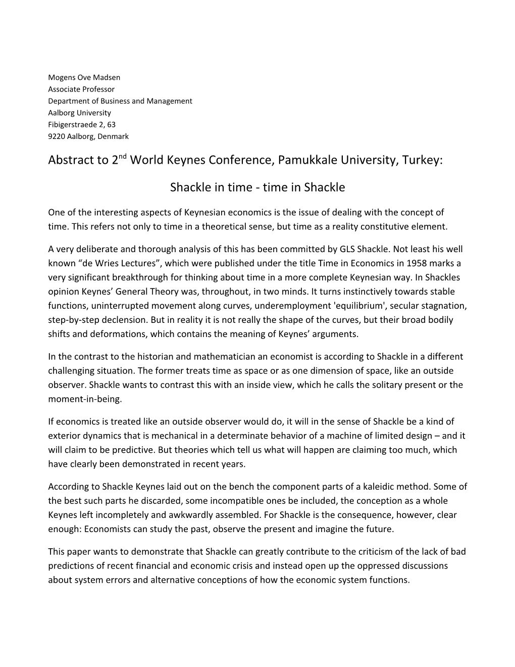 Abstract to 2Nd World Keynes Conference, Pamukkale University, Turkey