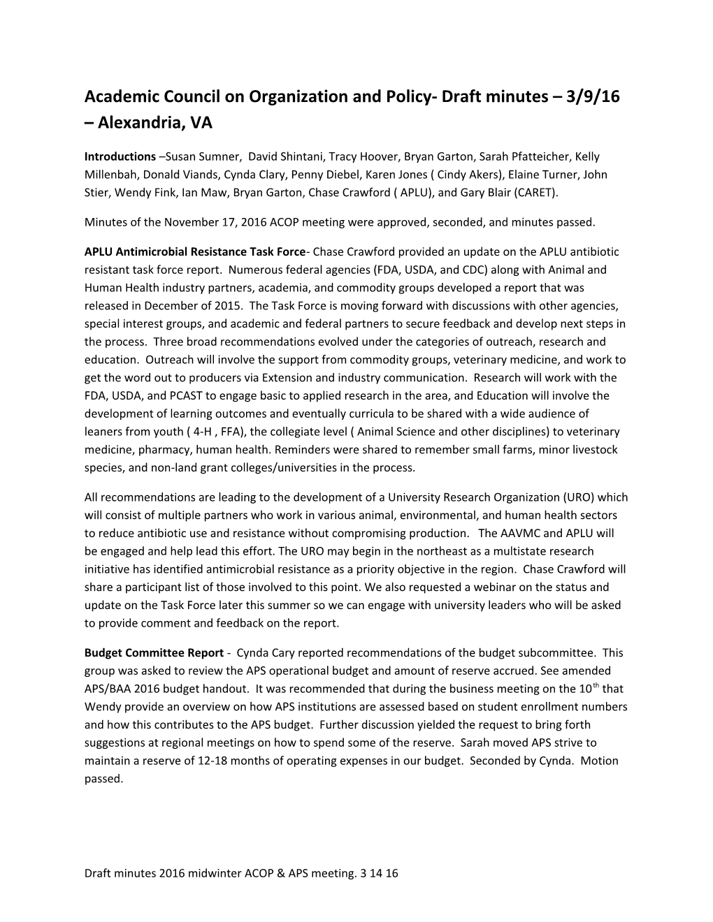 Academic Council on Organization and Policy- Draft Minutes 3/9/16 Alexandria, VA