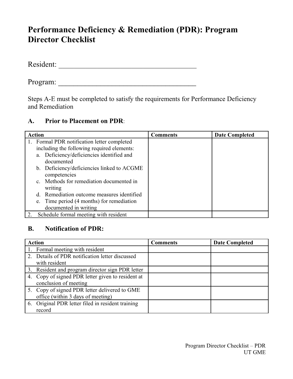 Academic Deficiency & Remediation (ADR): Program Director Checklist