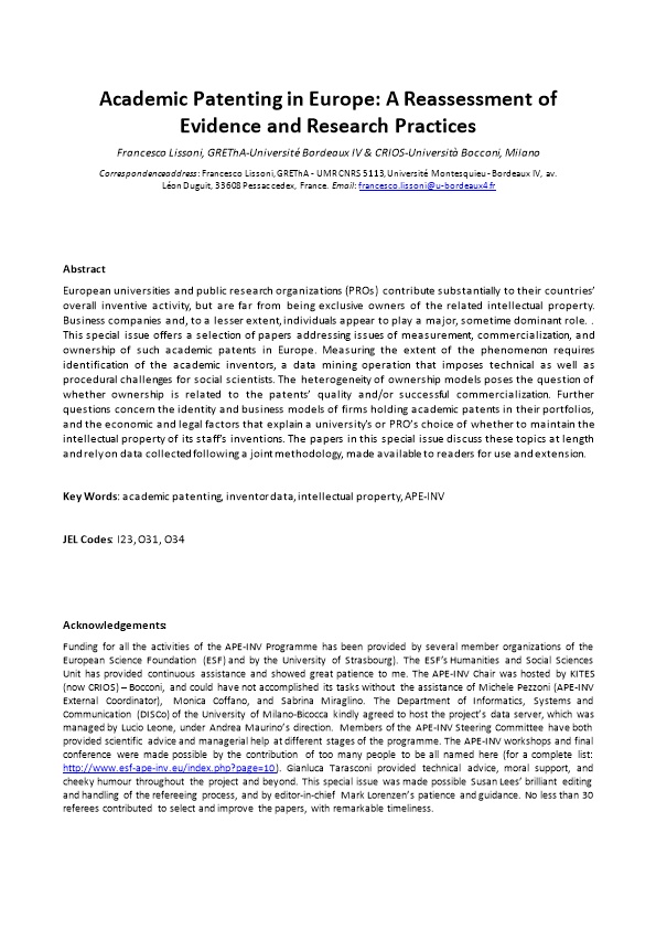 Academic Patenting in Europe: a Reassessment of Evidence and Research Practices