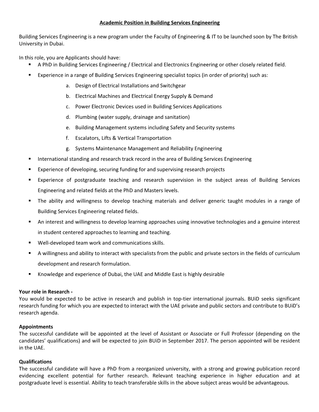 Academic Position in Building Services Engineering