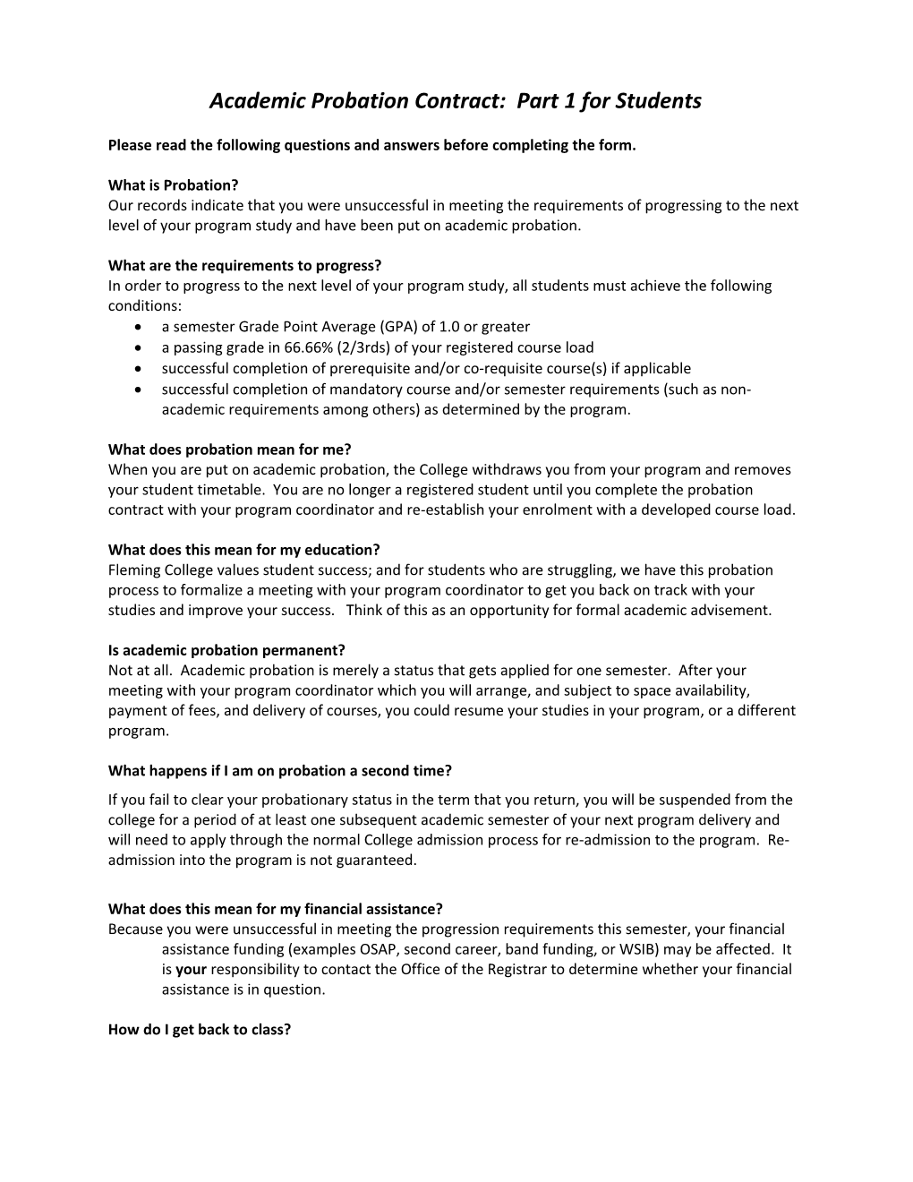 Academic Probation Contract: Part 1 for Students