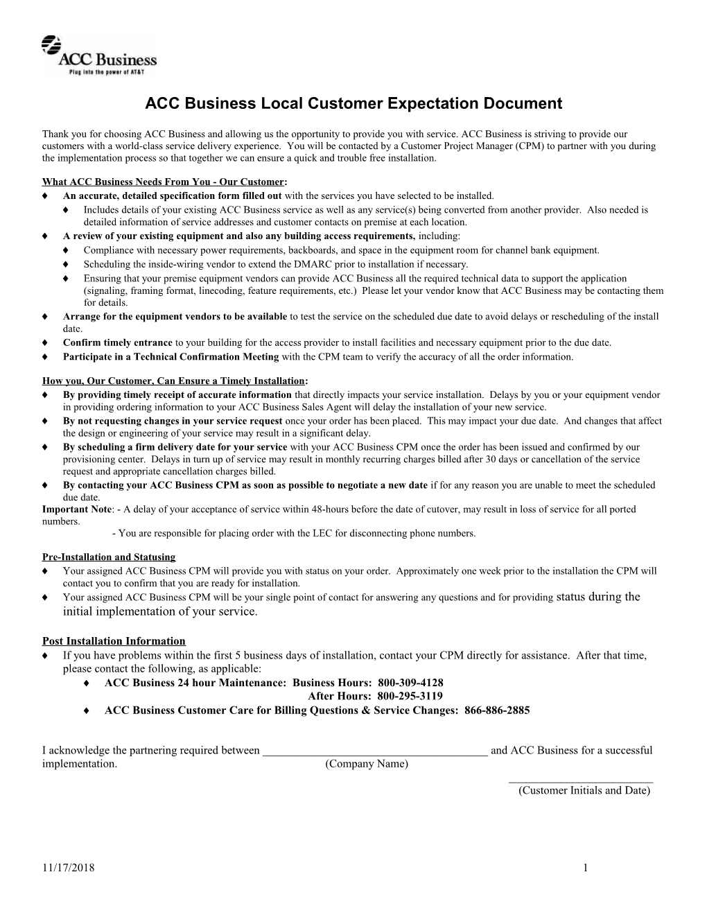 ACC Business Customer Expectation Document