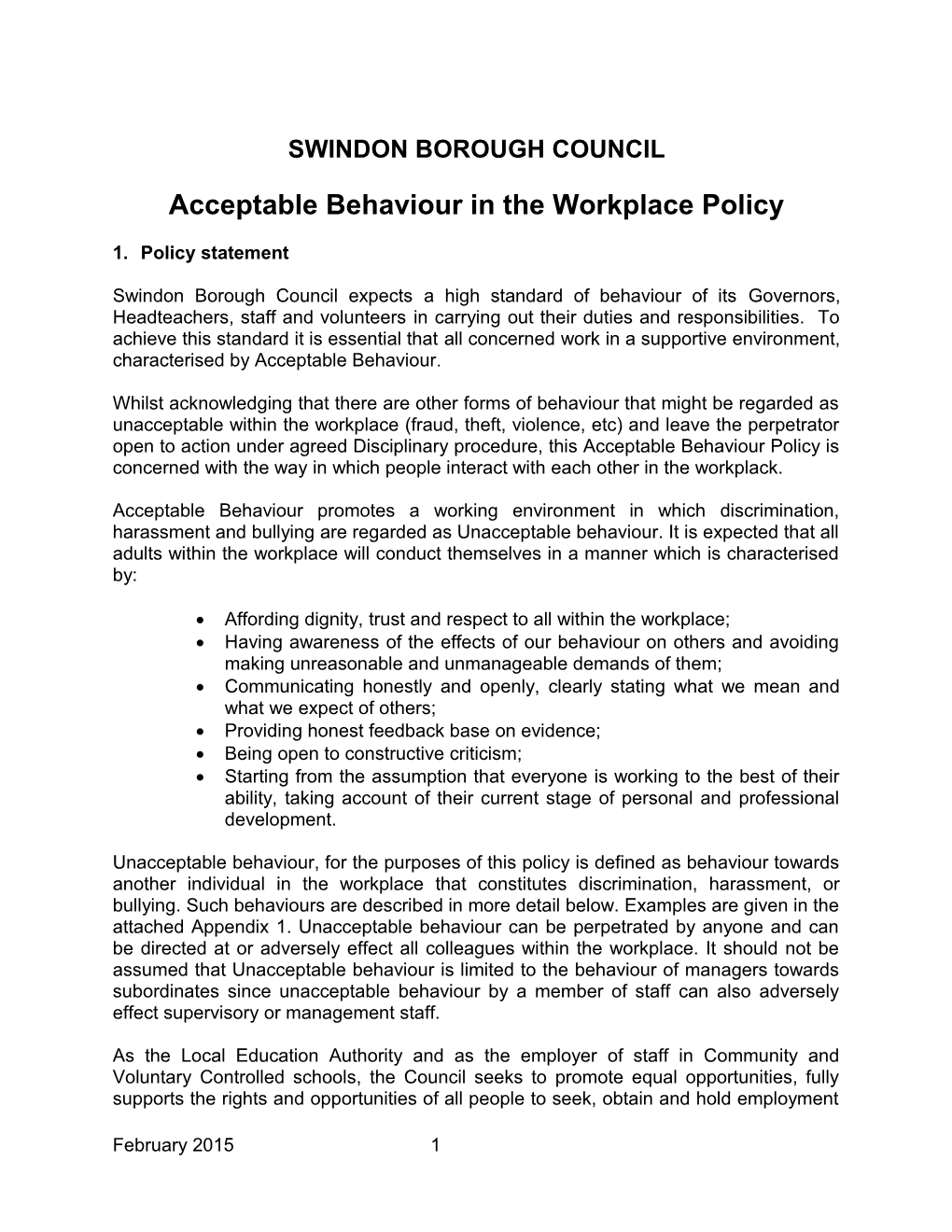 Acceptable Behaviour in the Workplace Policy