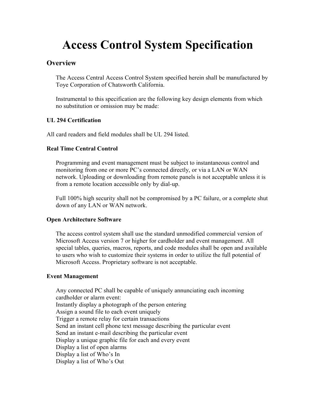 Access Control System Specification