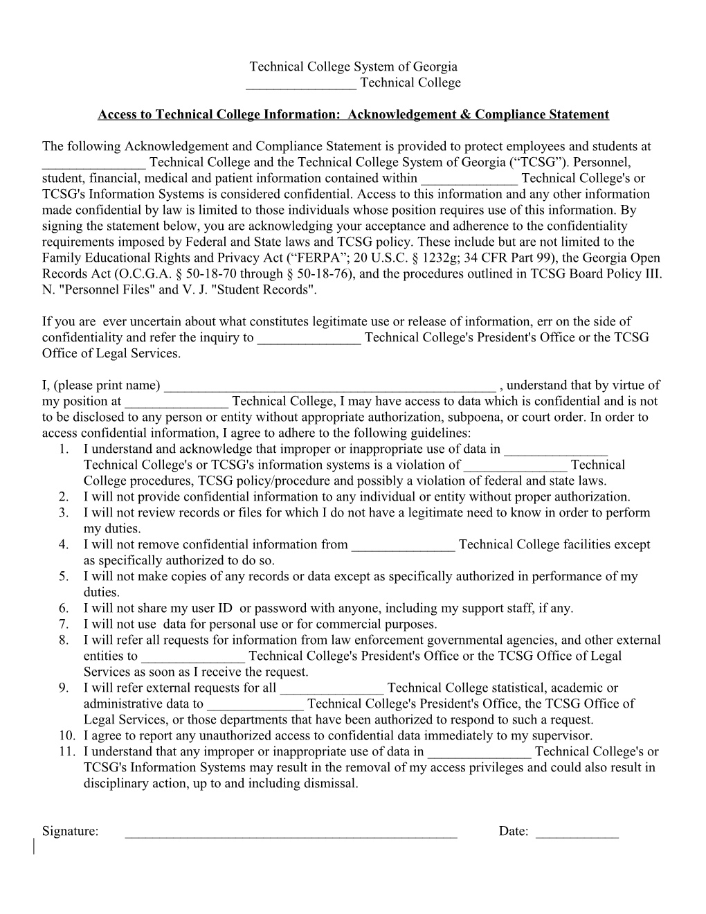 Access to Technical College Information: Acknowledgement & Compliance Statement