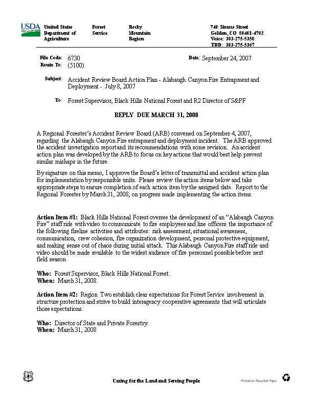 Accident Review Board Action Plan - Alabaugh Canyon Fire Entrapment and Deployment - July
