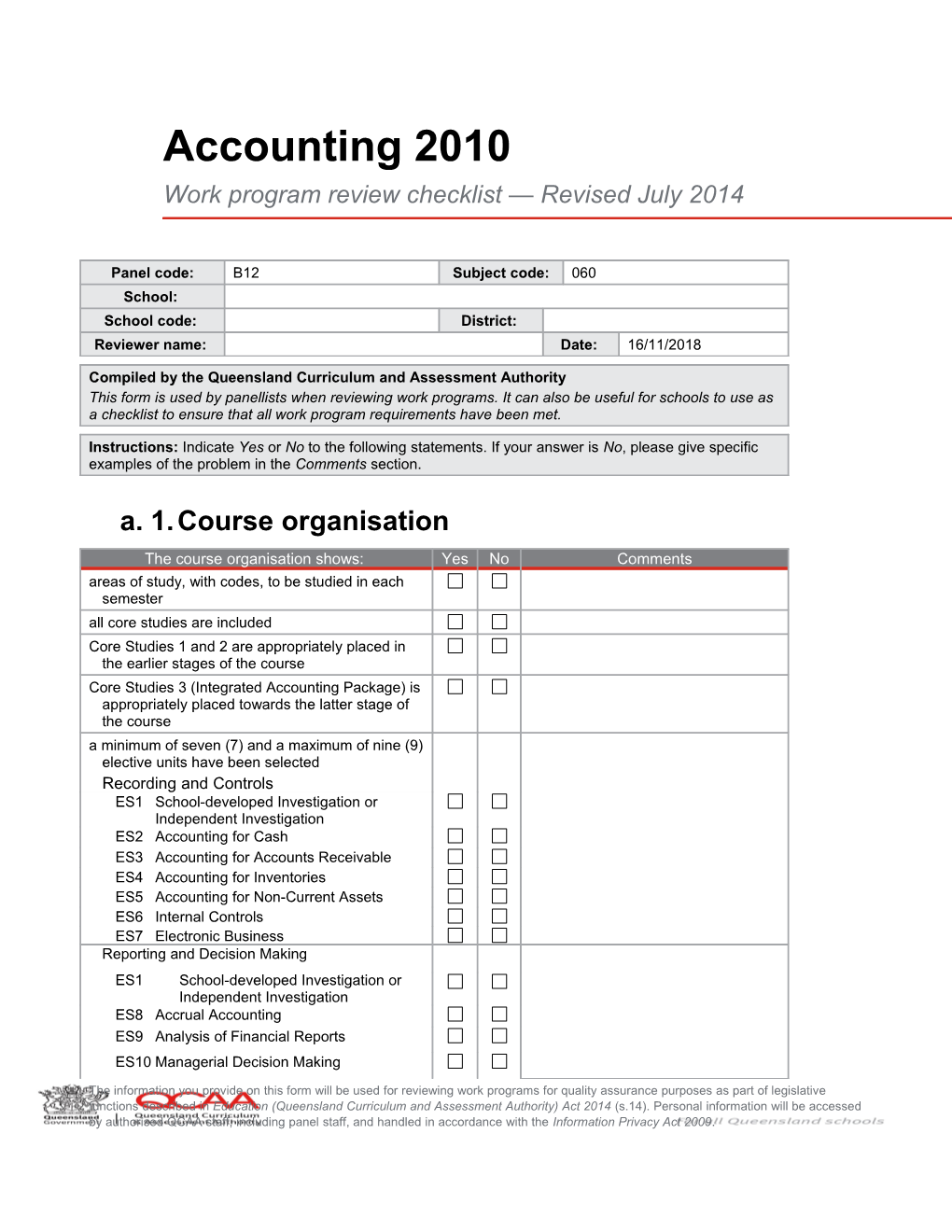 Accounting 2010 Work Program Review Checklist
