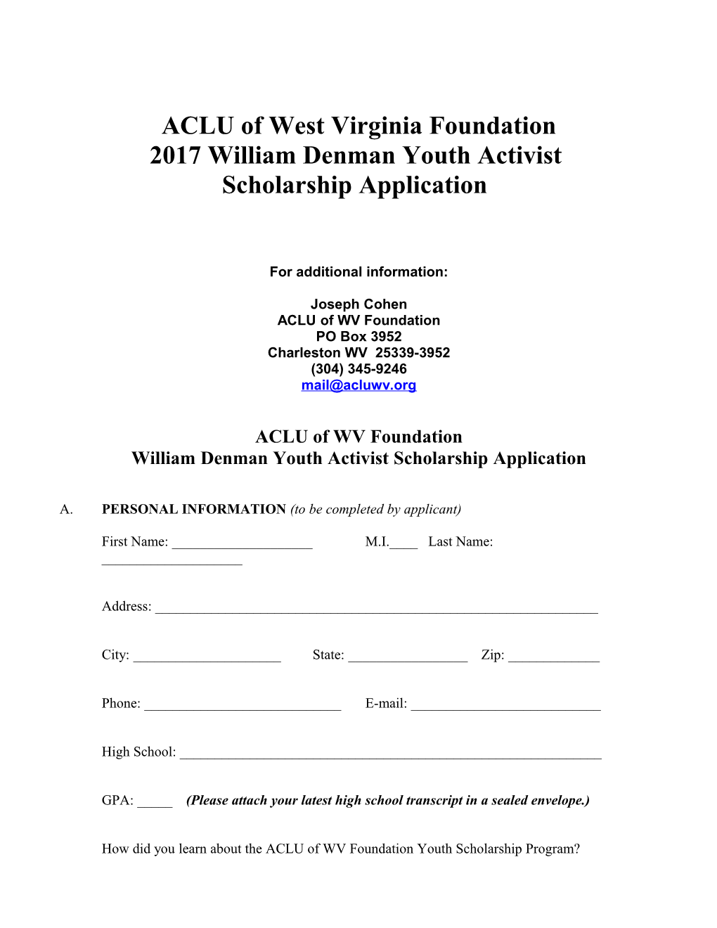 ACLU Student Activist Scholarship Program 2009: Application Forms