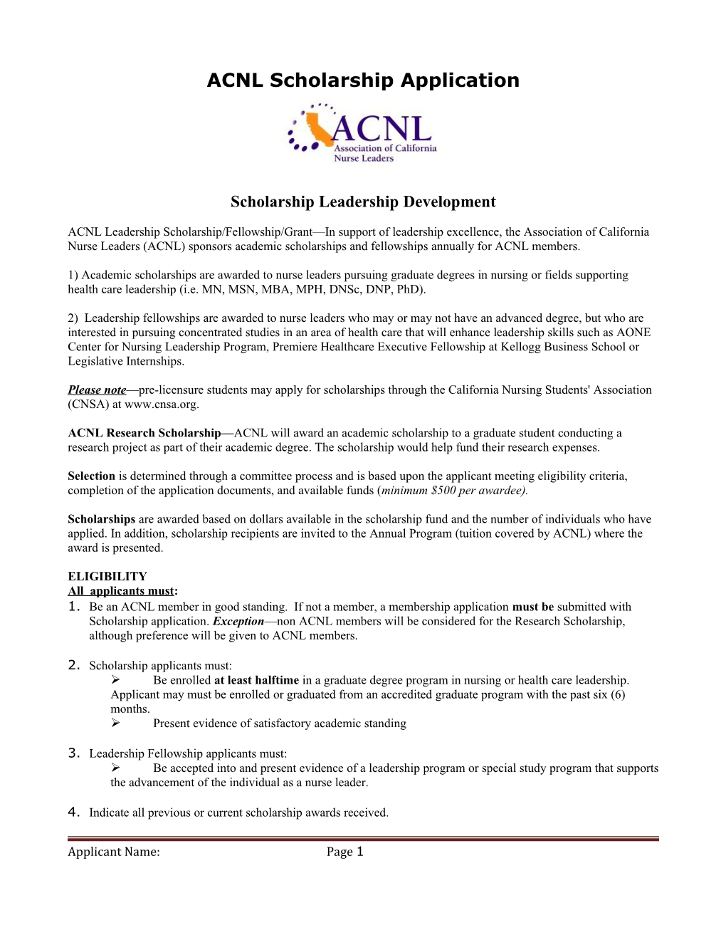 ACNL Scholarship Application