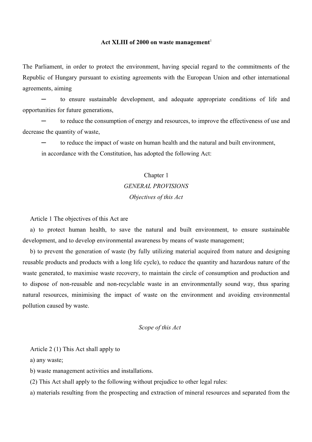 Act XLV III of 2000 on Waste Management 1