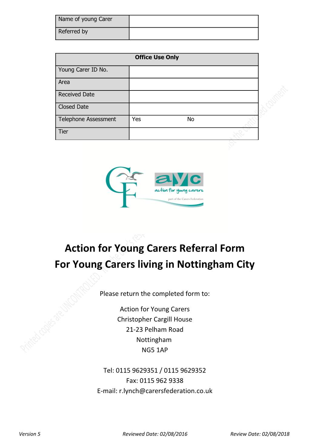 Action for Young Carers Referral Form