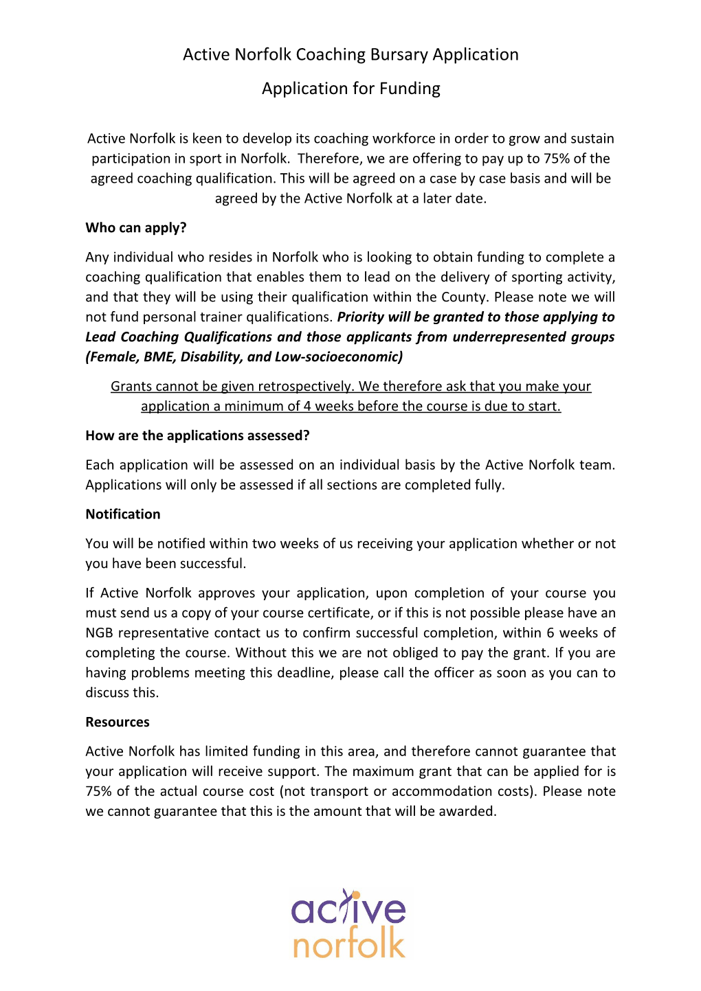 Active Norfolk Coaching Bursary Application