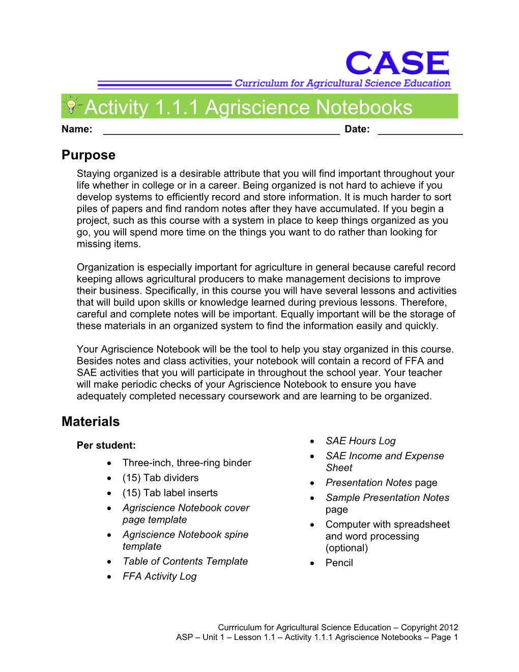 Activity 1.1.1 Agriscience Notebooks