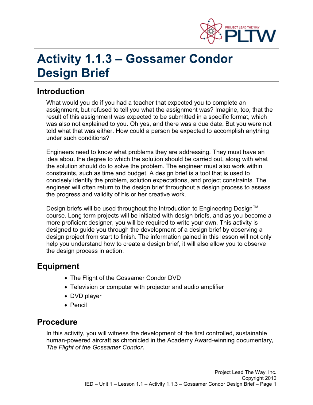 Activity 1.1.3:Gossamer Condor Design Brief