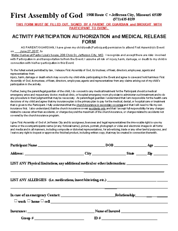 ACTIVITY PARTICIPATION AUTHORIZATION and MEDICAL RELEASE FORM