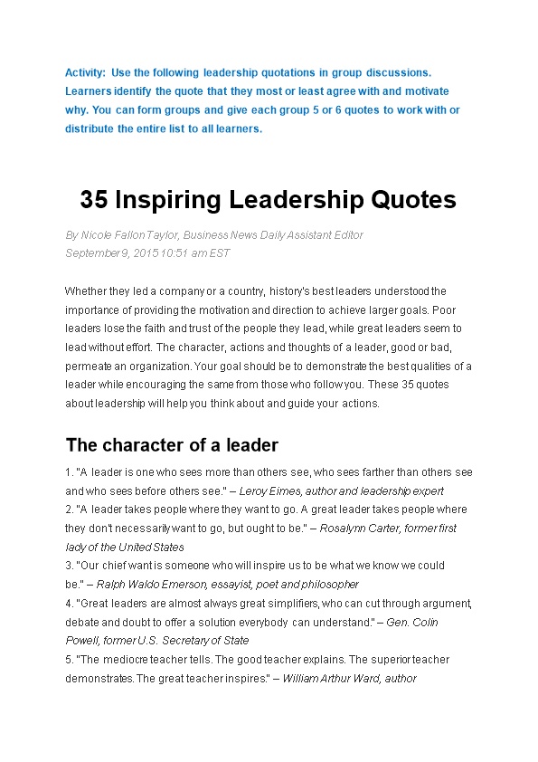 Activity: Use the Following Leadership Quotations in Group Discussions. Learners Identify