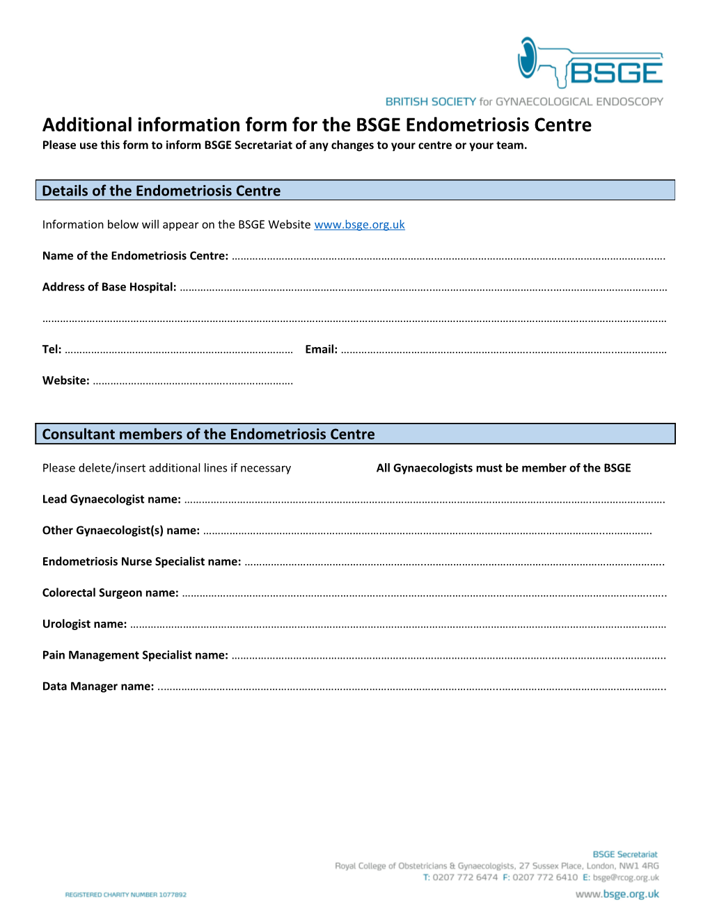 Additional Information Form for the BSGE Endometriosis Centre