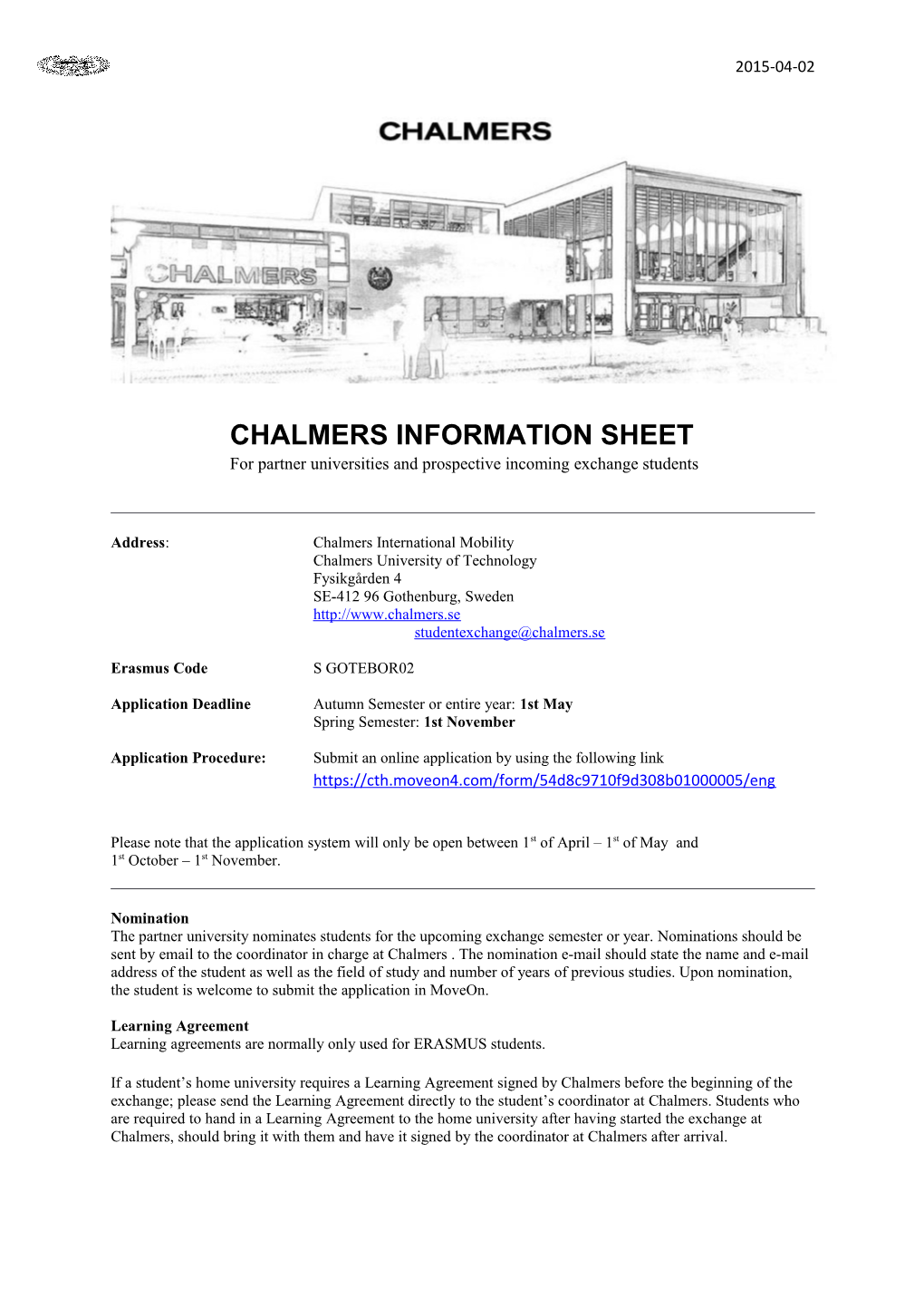 Address: Chalmers International Mobility