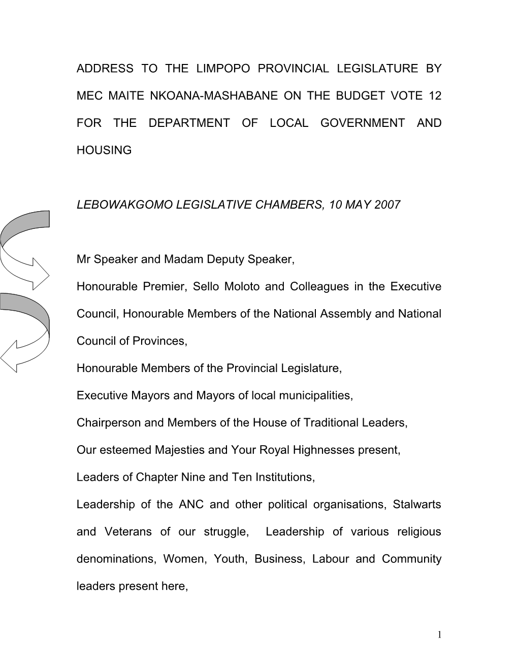 Address to the Limpopo Provincial Legislature by Mec Maite Nkoana-Mashsbane on the Budget