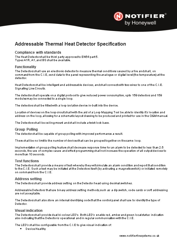 Addressable Thermal Heat Detector Specification
