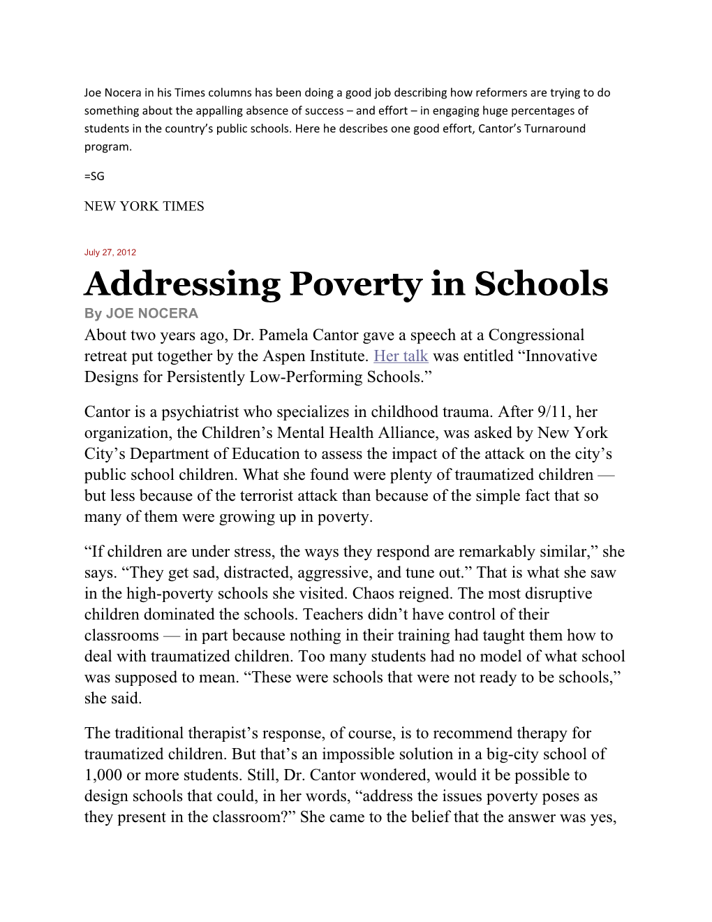 Addressing Poverty in Schools