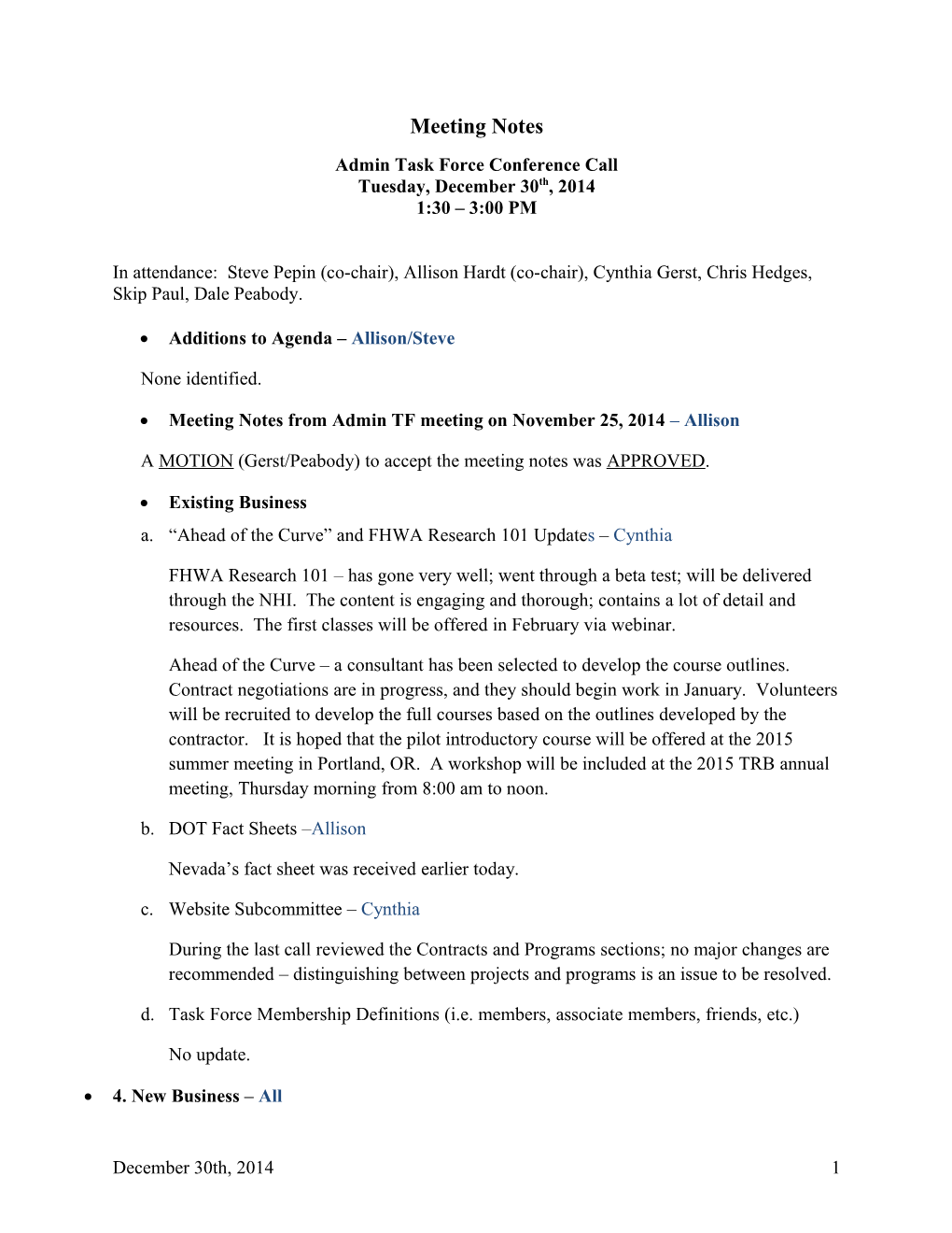 Admin TF Meeting Notes: December 30, 2014