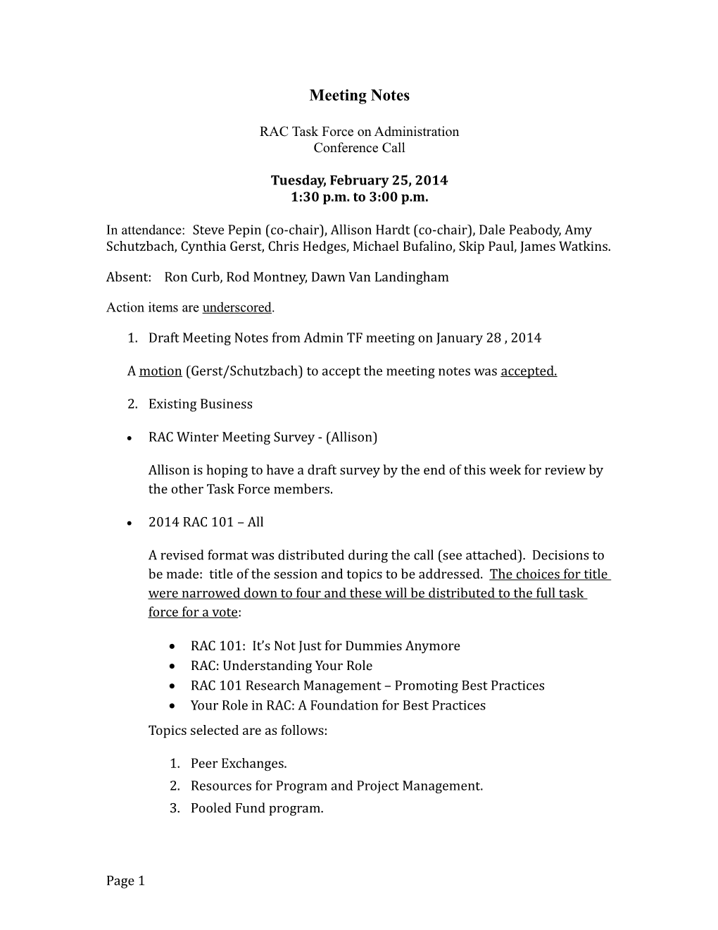 Admin TF Meeting Notes: February 25, 2014