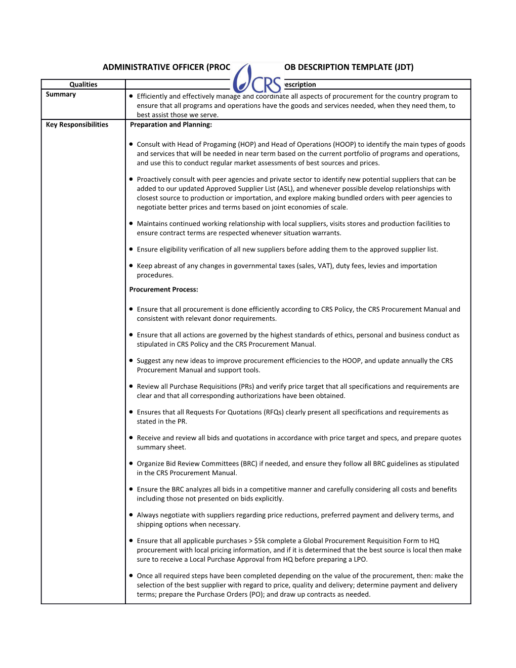 Administrative Officer (Procurement) Job Description Template (Jdt)