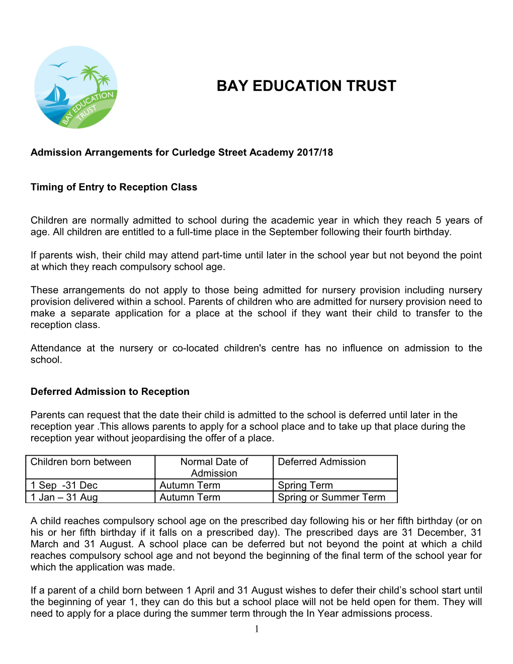 Admission Arrangements for Community and Voluntary Controlled Primary Schools in Torbay 2011/12